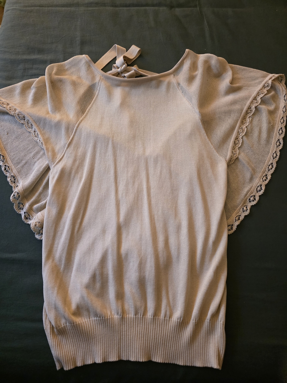 Valentino Light Beige Lace-Trim Flutter Sleeve Top